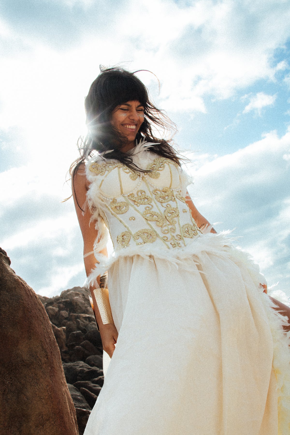Goddess Ivory Feather & Gold Embellished Corset Top