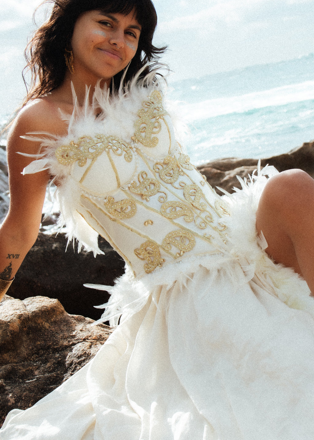 Goddess Ivory Feather & Gold Embellished Corset Top