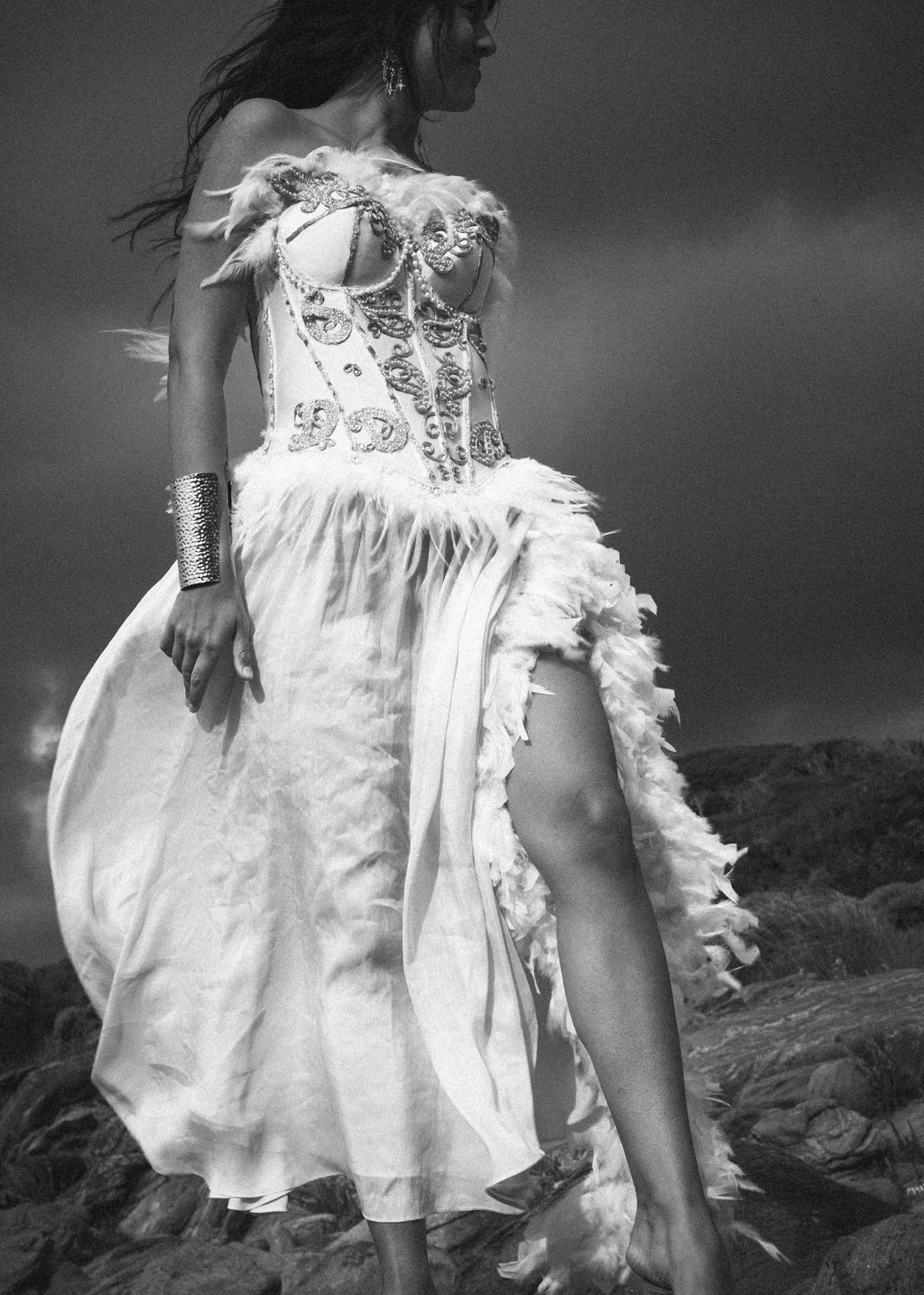 Goddess Ivory Feather & Gold Embellished Corset Top
