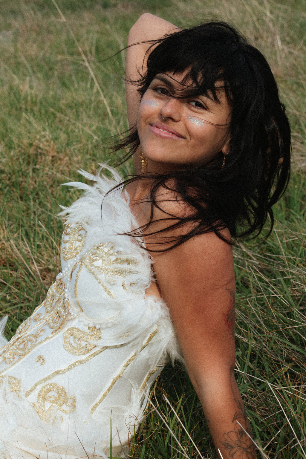 Goddess Ivory Feather & Gold Embellished Corset Top