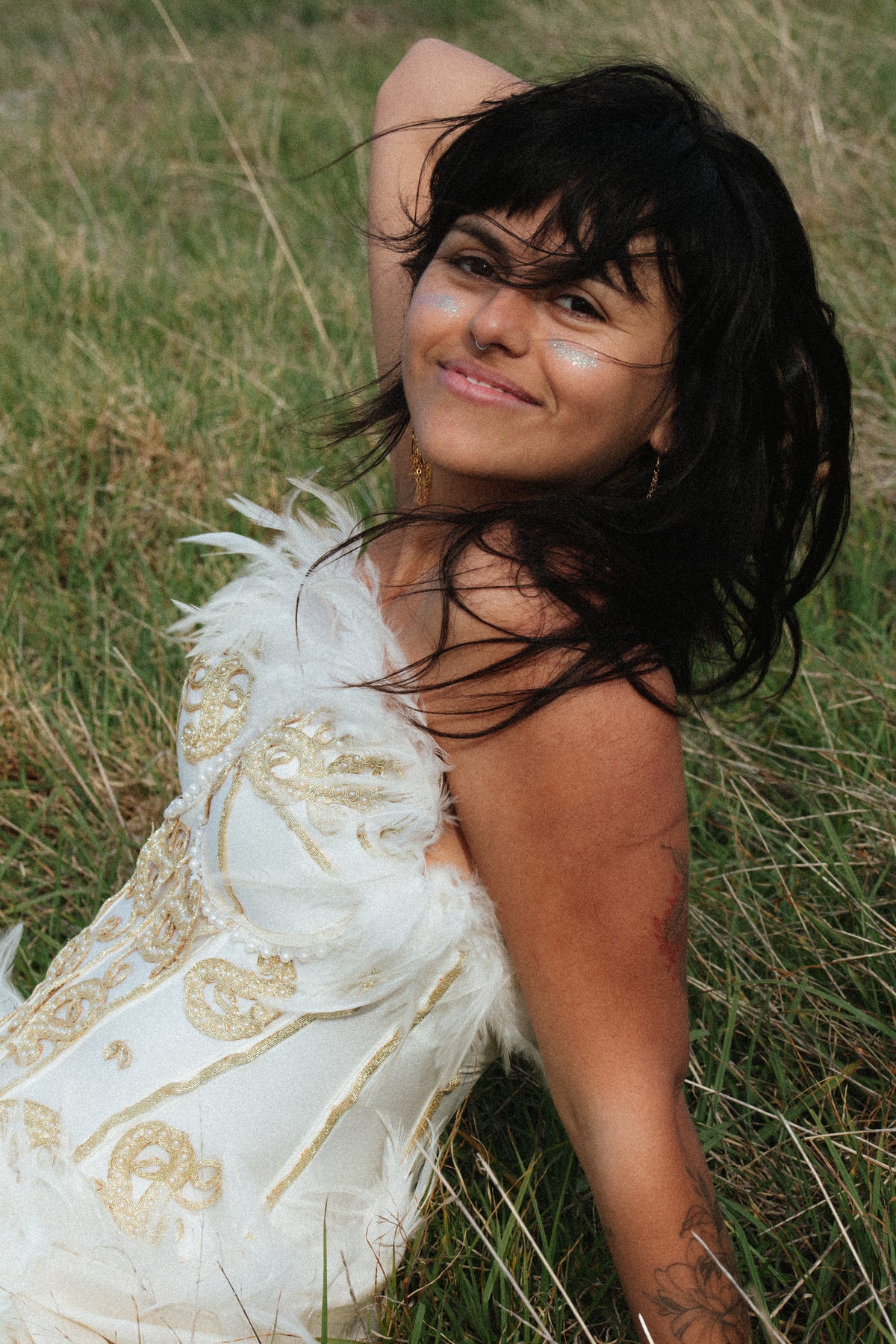 Goddess Ivory Feather & Gold Embellished Corset Top