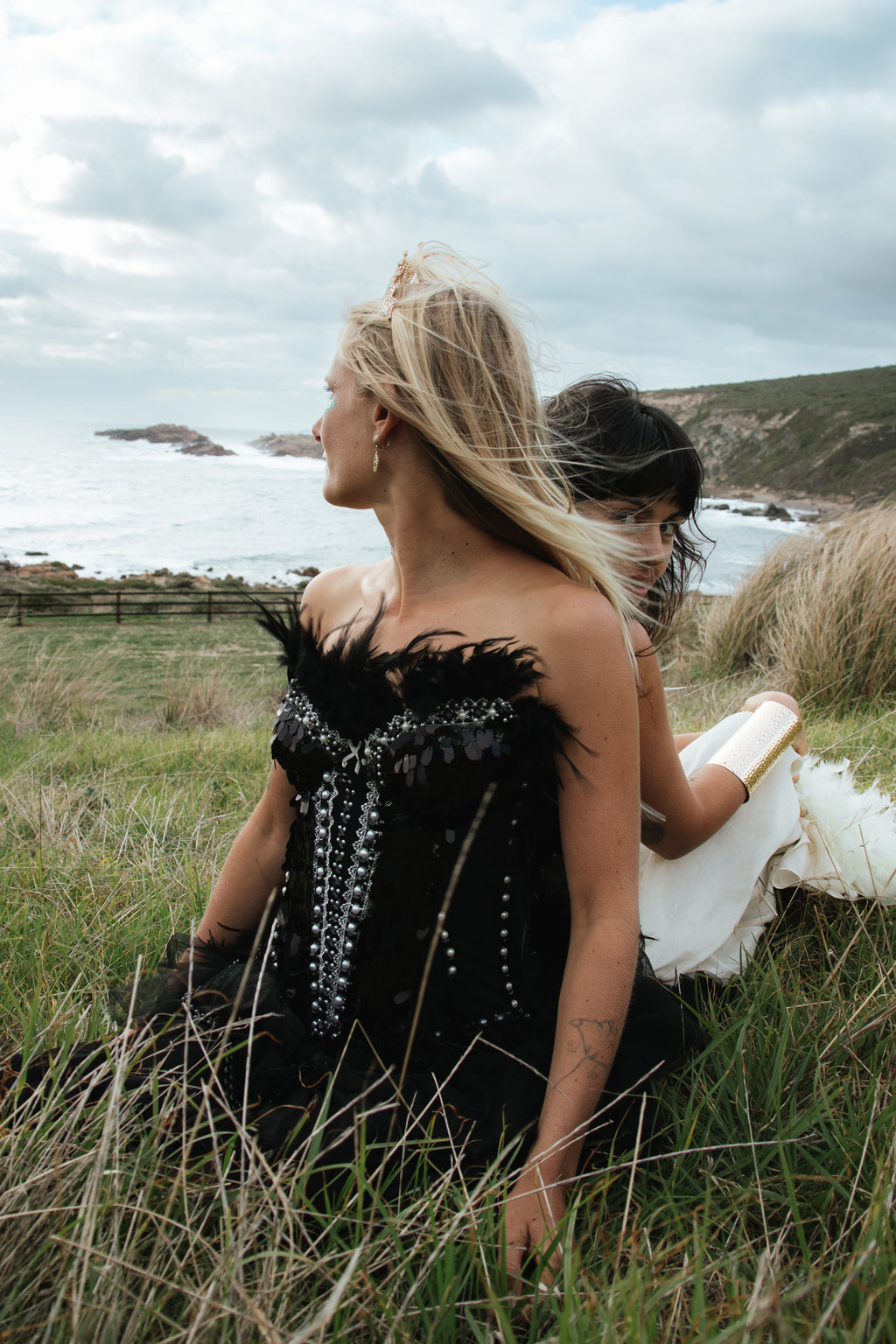 MiDNiGHT FAiREY Black Sequin & Beaded Feather Corset