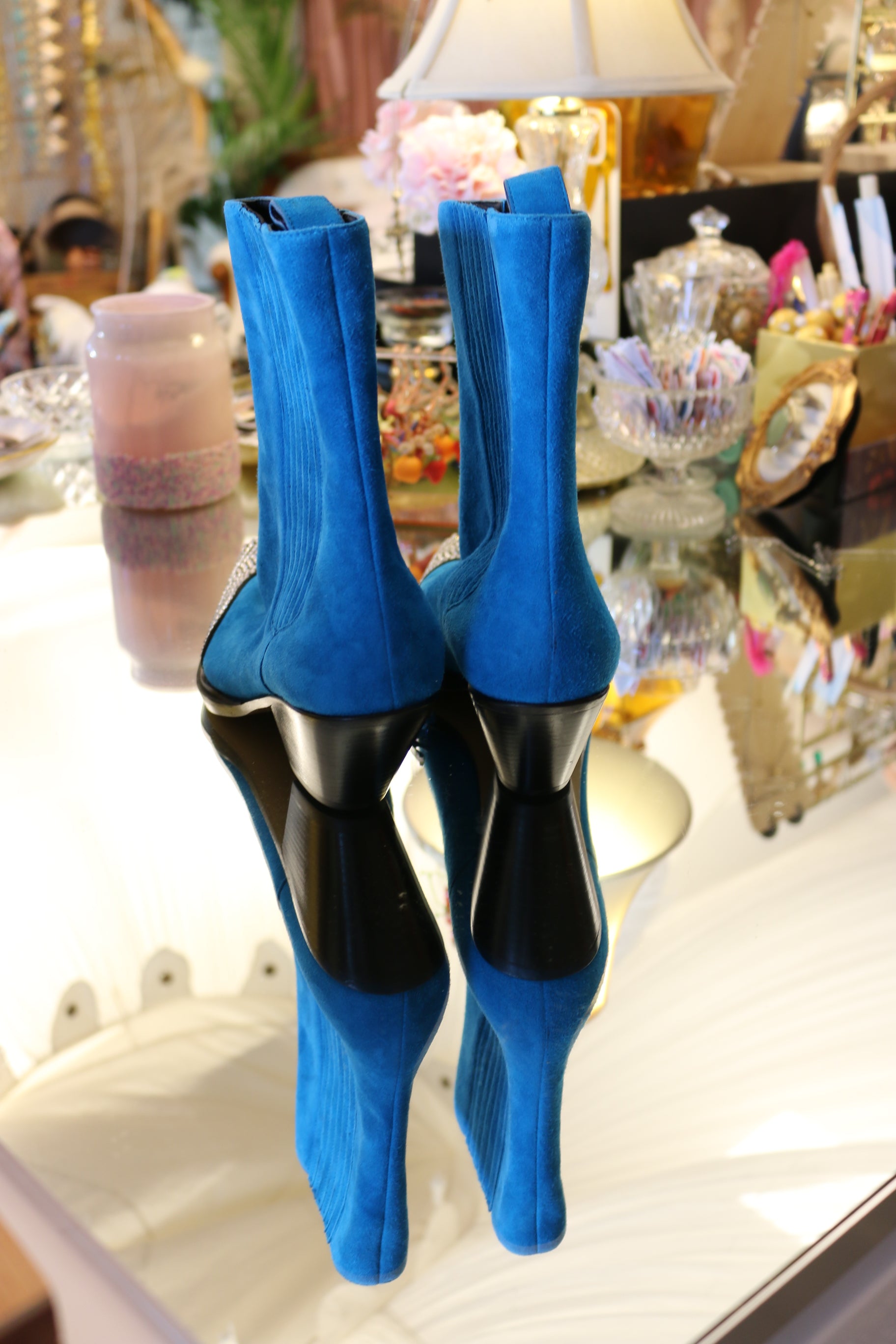 Alexandre Vauthier Texas Crystal Suede Boots in Electric Teal